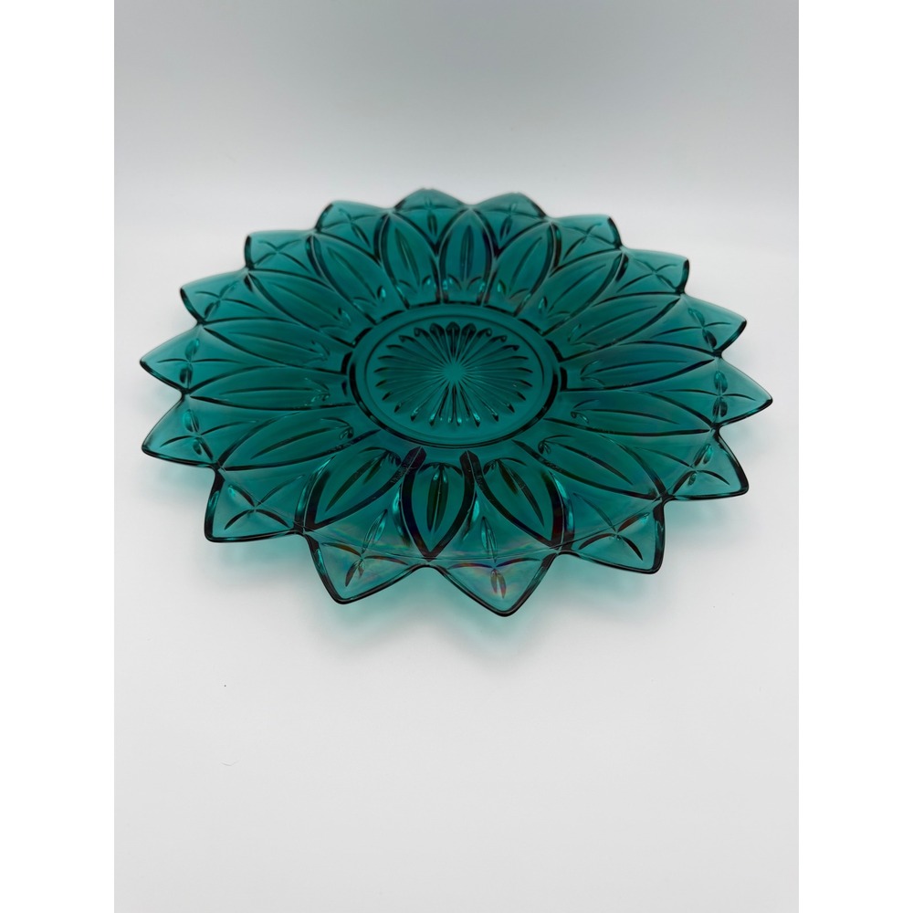 Federal Glass Rare Teal Blue Iridescent Petal Sunflower Bowl 11:5 Inch Plate
